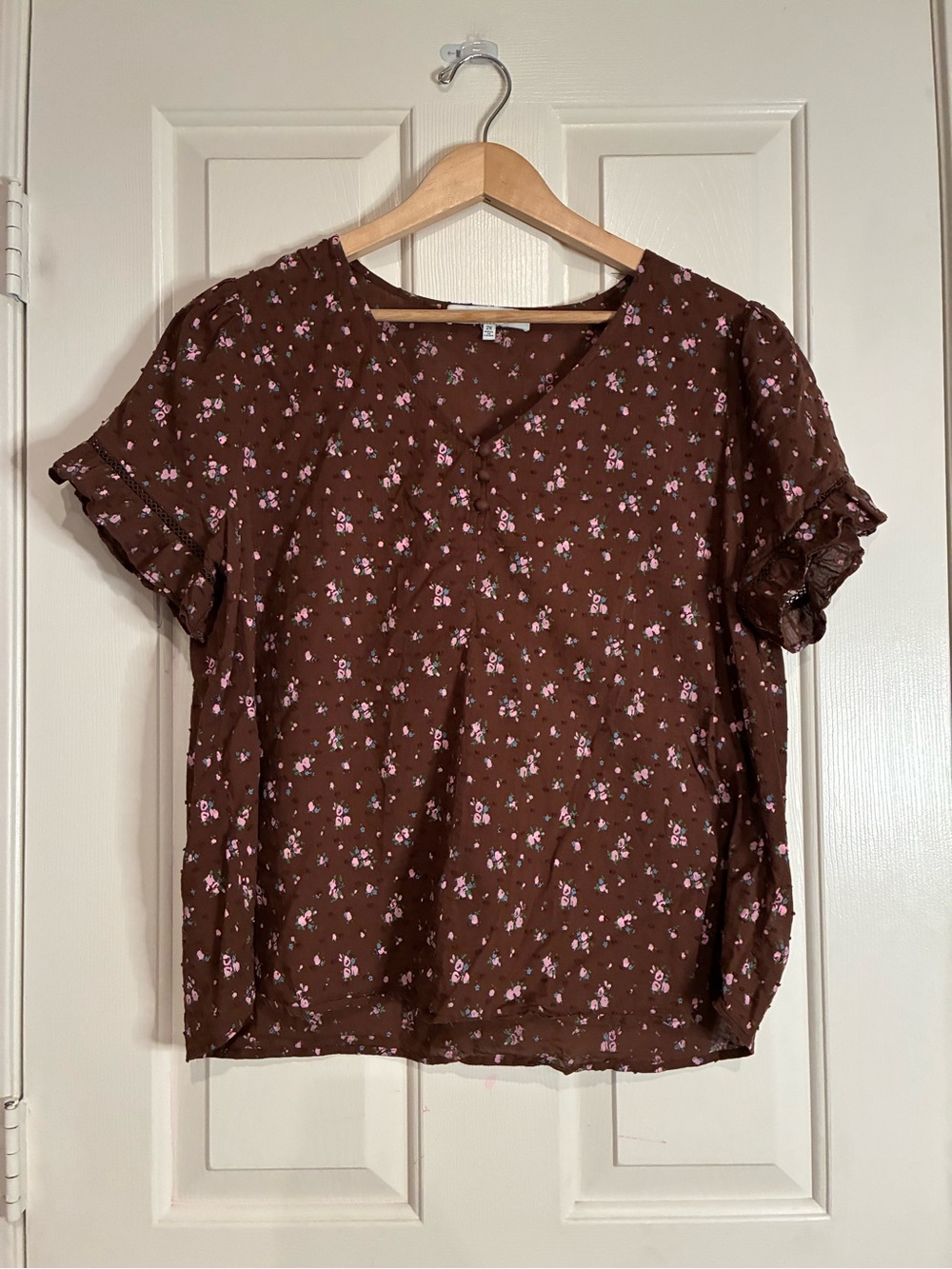 Sweet Rain Brown Floral Short-Sleeve V-Neck Blouse